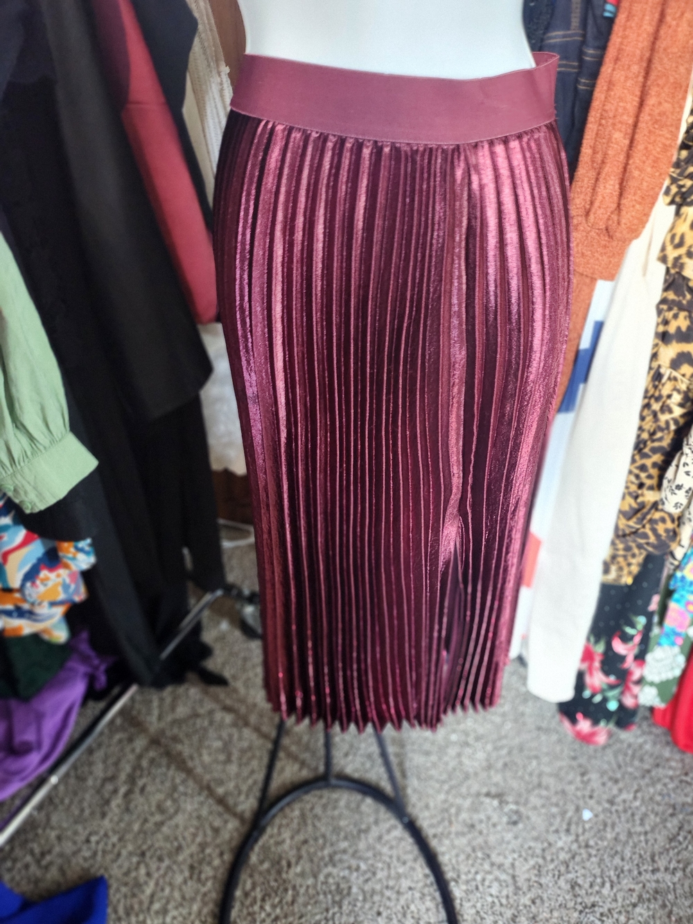 New York & Company Metallic Pleated Midi Skirt - Burgundy
